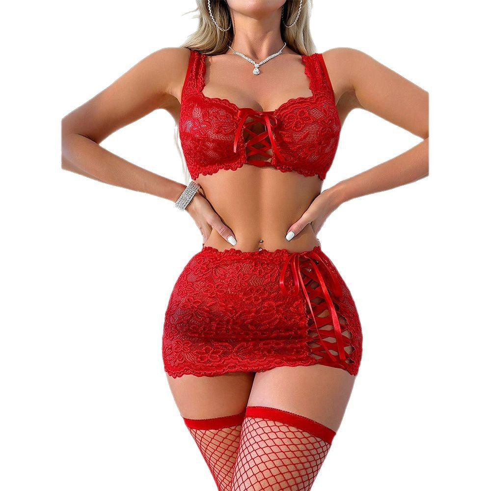 Underwear Lace Lingerie See-through Temptation 3-piece Set