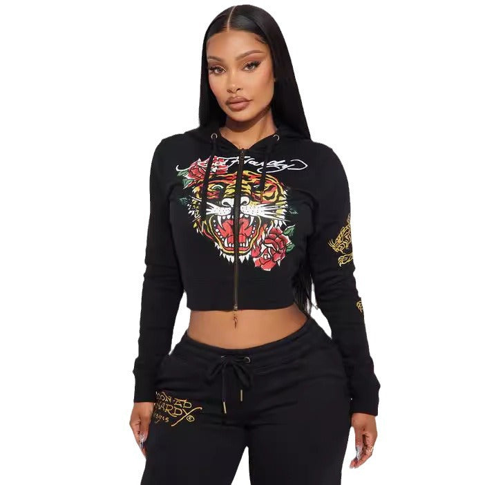 Women's 2pc Fashion Casual And Comfortable Sweatsuit Sweater + Leggings Painted Zipper With Printed Two-piece