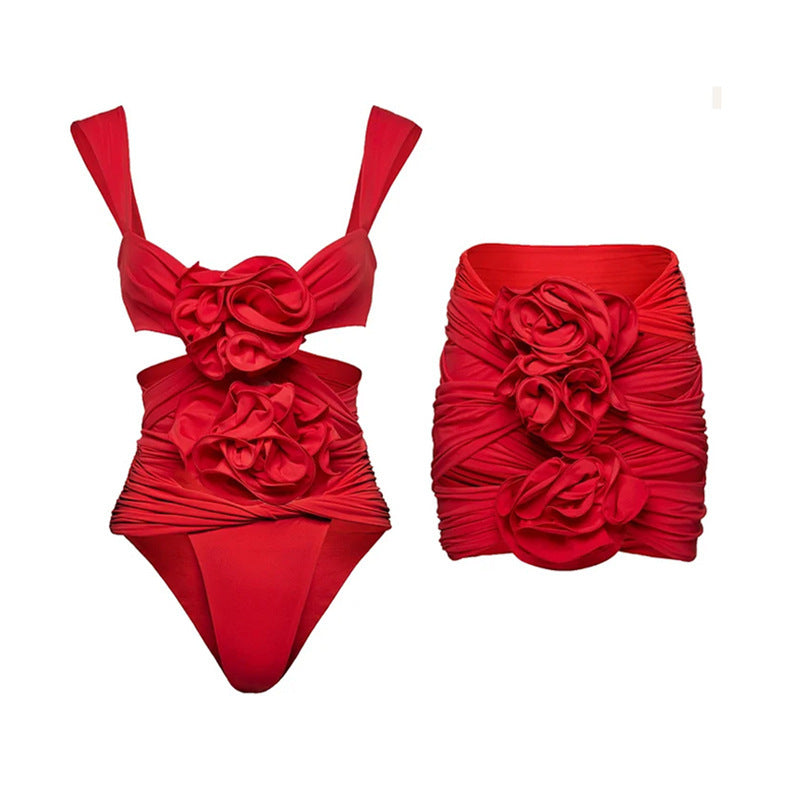 Women's 3pc. Bodysuit Formalwear Flower Beach Hot One-piece Swimsuit