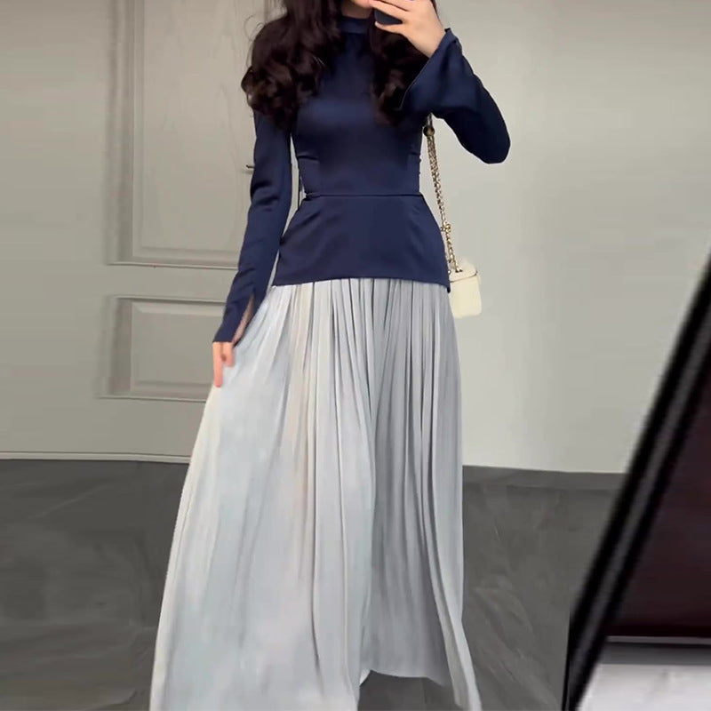 Women's New Color Contrast Patchwork Slim-fit Lace Up Long Sleeve Dress