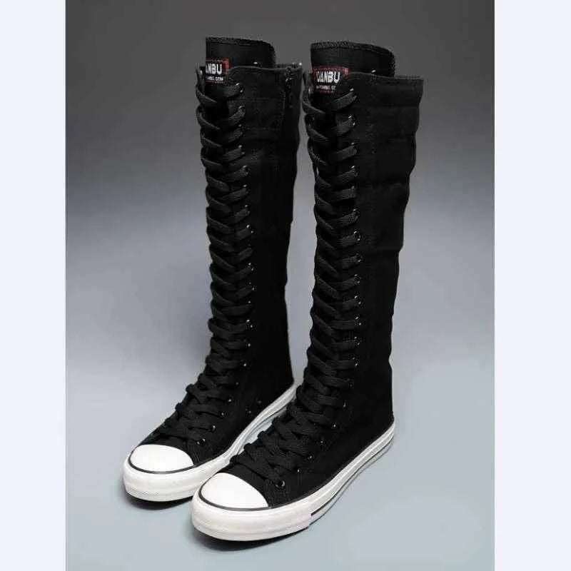 2025 New High Top Canvas Shoes for Women's Korean Edition Long Boot Lace-Up Zipper Comfortable Boot Zapatos De Mujer Tendencia