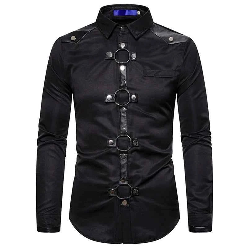Men's Gothic Style Shirt Regular Fit Ring Rivet Lapel Neck Long Sleeve Tops for Party Club Stage