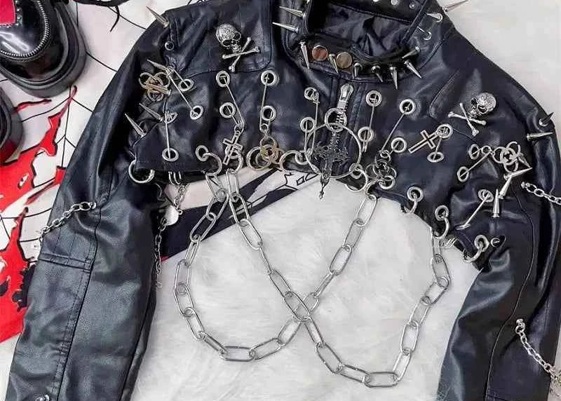 Harajuku Women Gothic Lolita Streetwear Y2K Girl Steampunk Rock and roll Spike Trim Crop Tops Rivet Metal Chain pu Blazer coat