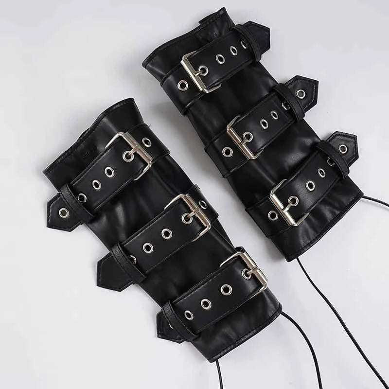 SUCHCUTE Retro Punk Pu Leather Vest With Sleeve Cover Women Gothic Black Sleeveless Turtleneck Top Y2k Metal Decorative Clothing