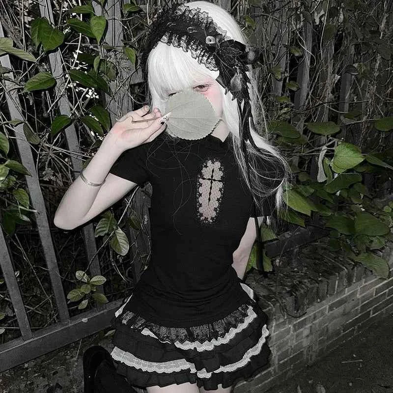 Women Cross Hollow Out T-shirt Gothic Long Sleeve Turtleneck Top Punk Alt Goth Style Clothing Black Blue Y2K Sleeveless Shirt