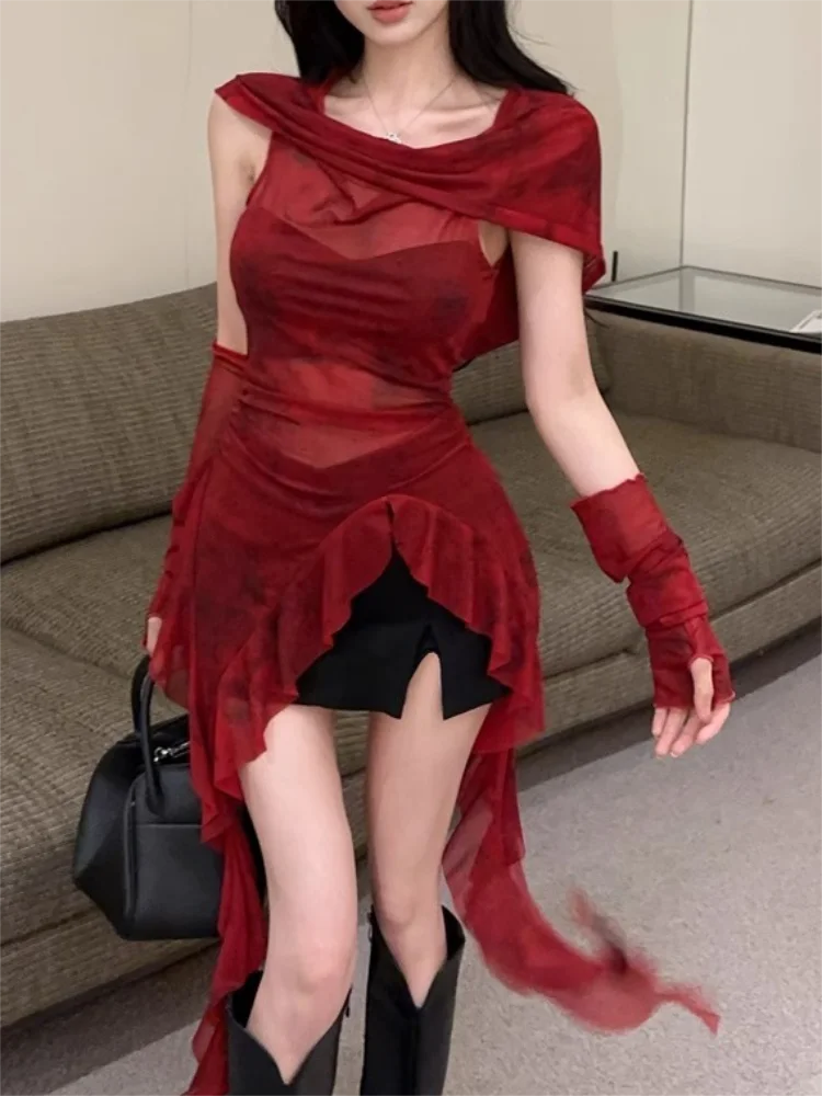 Red Mesh See Through Top Streetwear T-shirt Irregular Ruffle