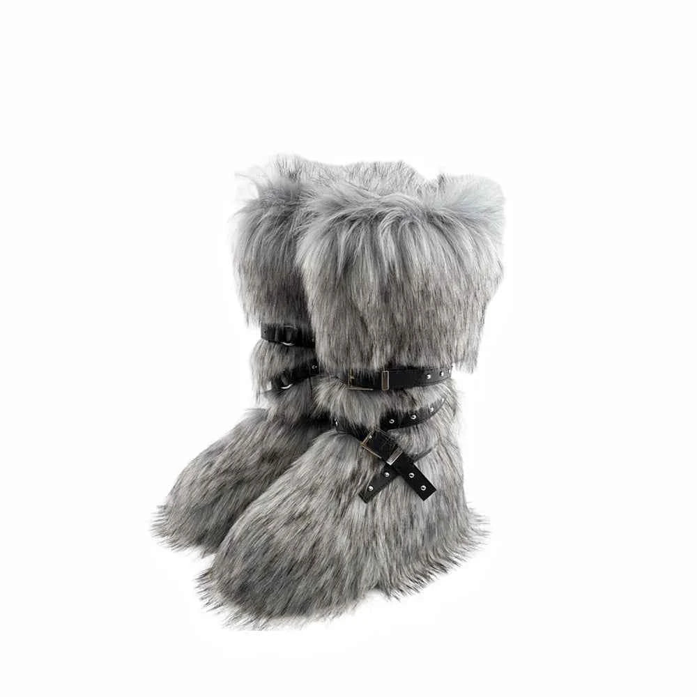 Ladies Faux Fur Knee High Wedge Platform Boots Popular Brown Spice Girl Cross Belt Buckle Winter New Snow Boots For Women