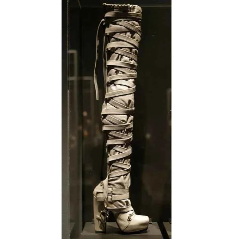 Crisscross Straps Platform Over The Knee Boots Woman Winter 2026 Gothic Style Square Heel Boots Punk Rock Party Footwear