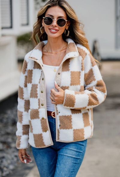 Checkered Snap Down Long Sleeve Teddy Jacket - Munsieur