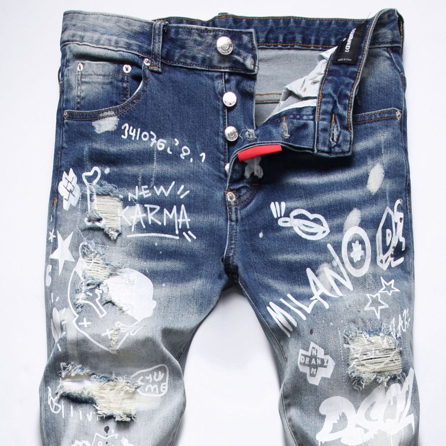 Men's Patchwork Random Line Embroidery Hole Patched Straight-leg Pants