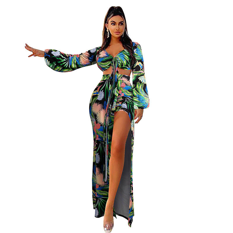Women's Split Swimsuit Custom Design Printed Long Sleeve Bikini