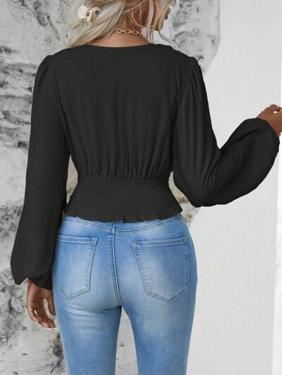 Smocked Surplice Balloon Sleeve Top - Munsieur