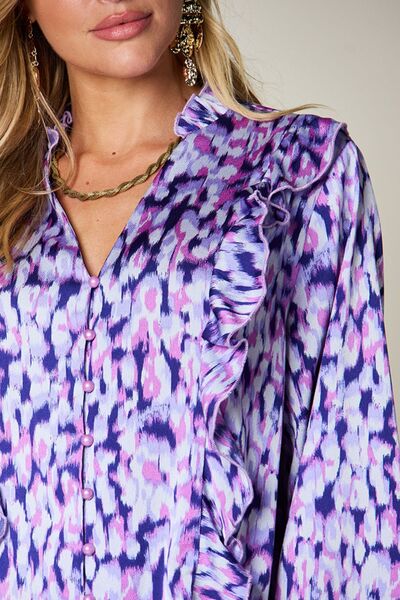 Double Take Full Size Printed Ruffle Trim Balloon Sleeve Shirt - Munsieur