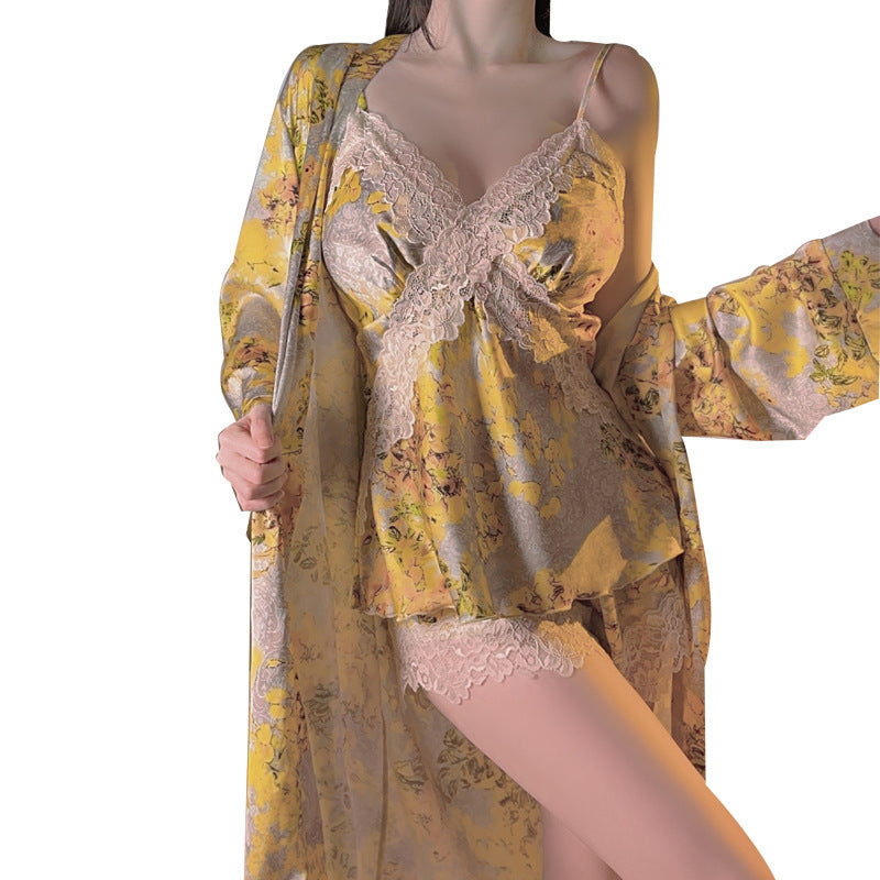 Simple Comfortable Sleepwear Gown Three-piece Lingerie