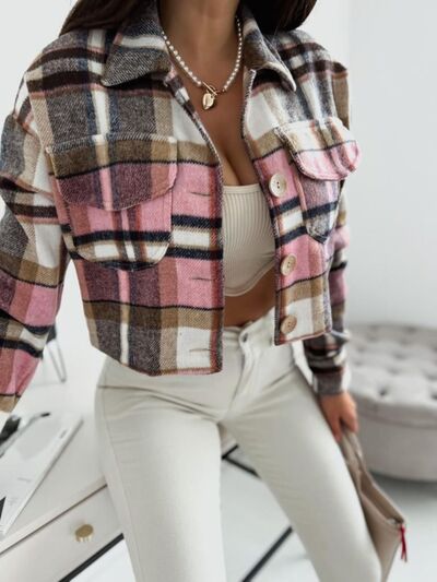 Pocketed Collared Long Sleeve Plaid Jacket - Munsieur