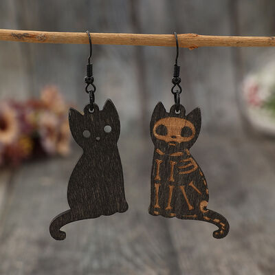 Alloy Hook Wooden Cat Earrings - Munsieur