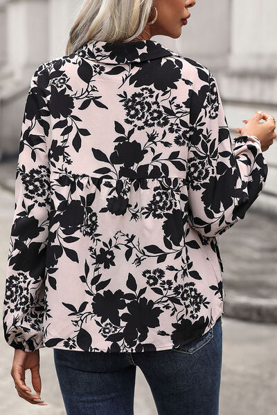 Perfee Printed Tie Neck Balloon Sleeve Blouse - Munsieur