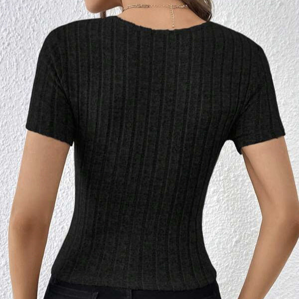 Women's V-neck Cross Wrapped Chest Design Ribbed Solid Color Versatile Sexy Style Knitted T-shirt