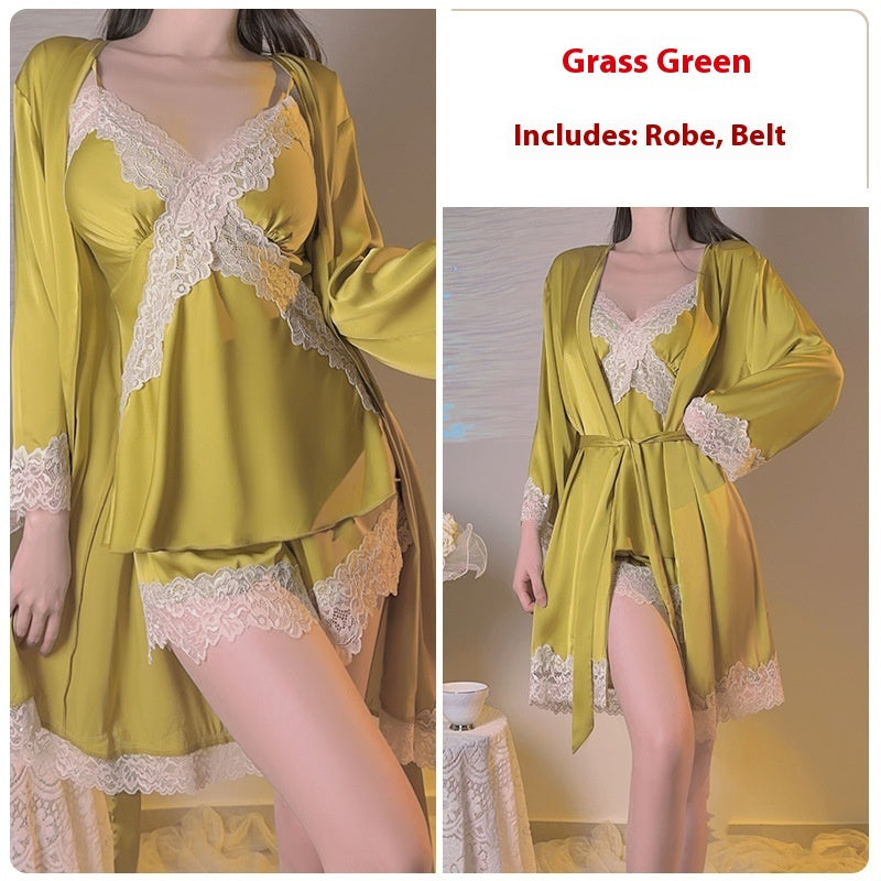 Simple Comfortable Sleepwear Gown Three-piece Lingerie