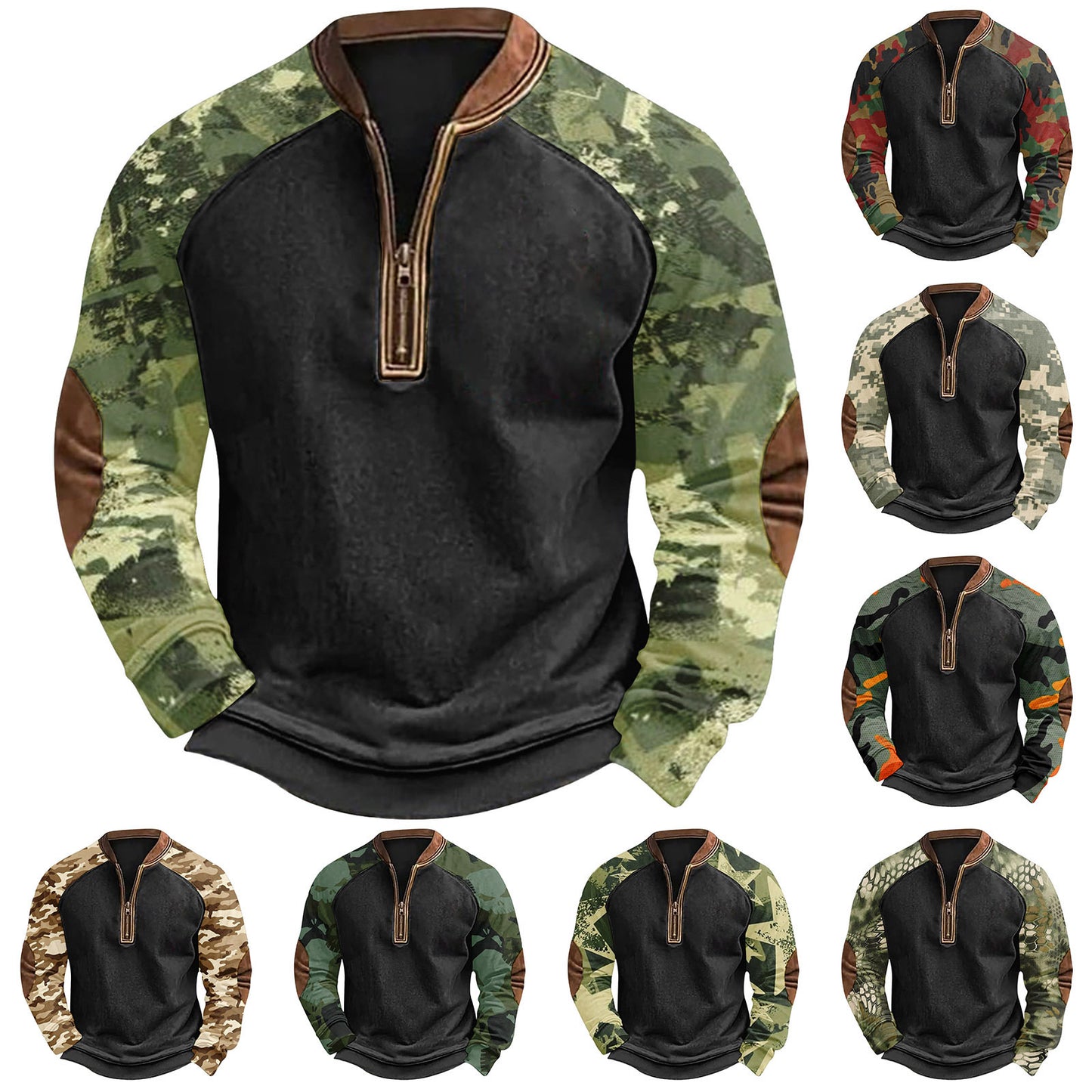 Printed Half Zipper Camouflage Men's Hoodie
