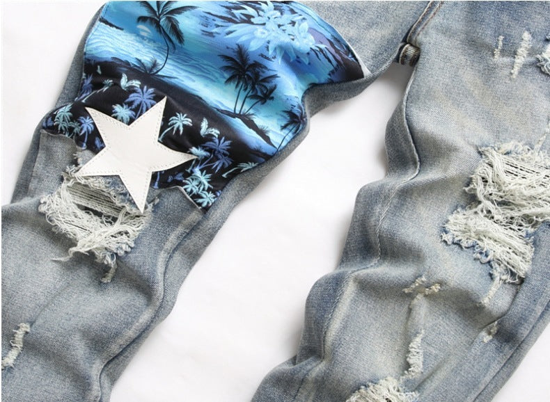 Men's Pants Blue With Holes Embroidered Printed