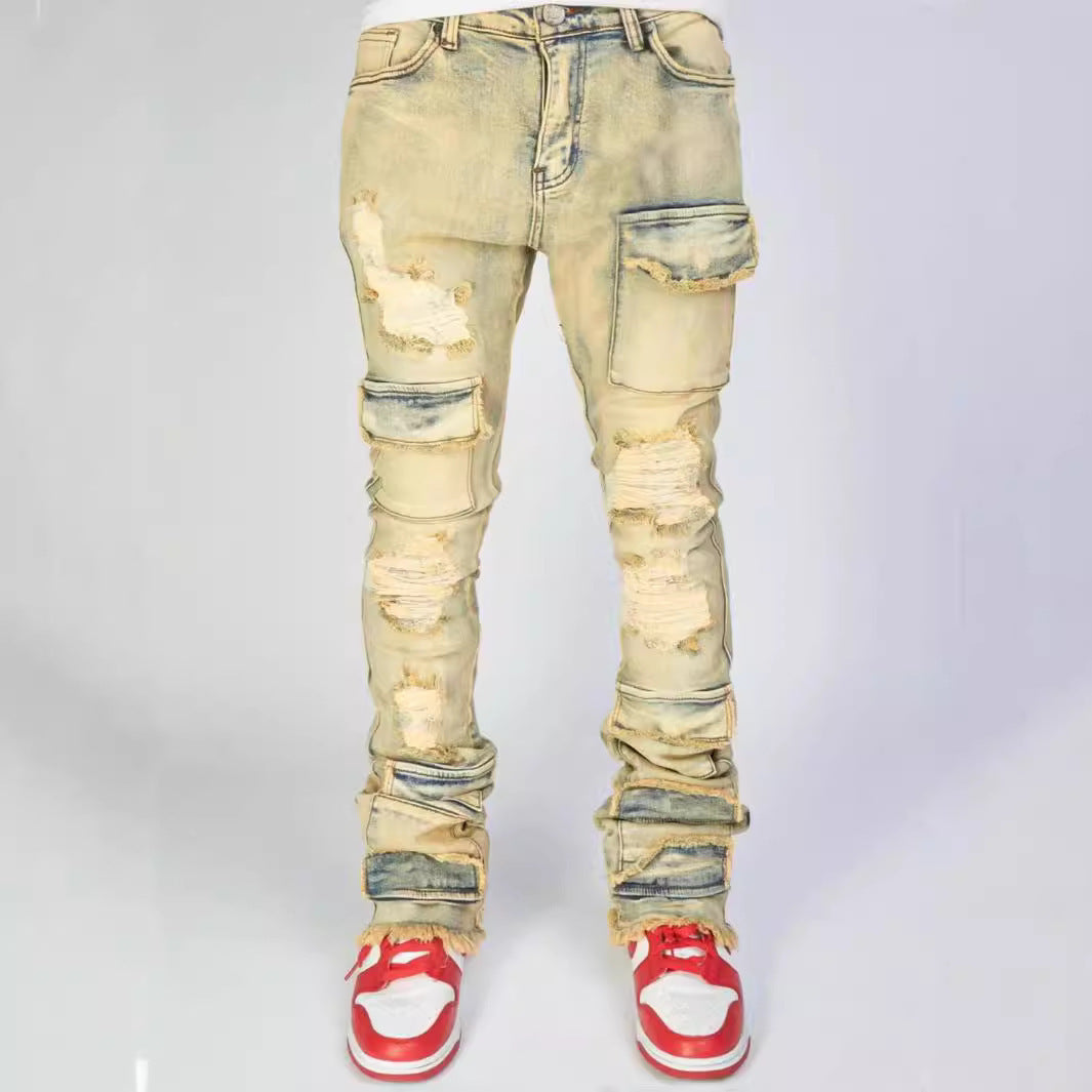 Men's Denim Straight-leg American Fashion Stretch Ripped Laminated Micro-pull Pants
