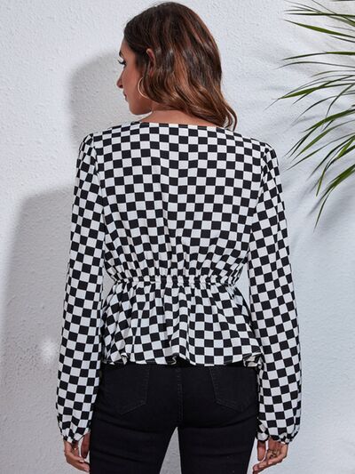 Checkered V-Neck Balloon Sleeve Peplum Blouse - Munsieur