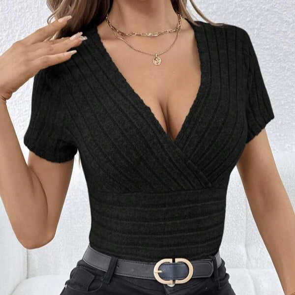 Women's V-neck Cross Wrapped Chest Design Ribbed Solid Color Versatile Sexy Style Knitted T-shirt