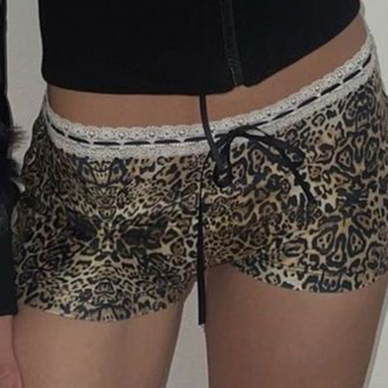 Women's Leopard Print Lace Stitching Casual Bottoms Low Waist
