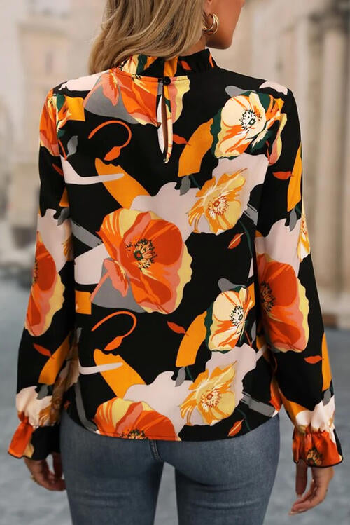 Floral Mock Neck Flounce Sleeve Blouse - Munsieur