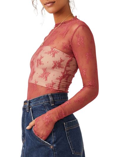 Lace Mock Neck Long Sleeve Blouse - Munsieur