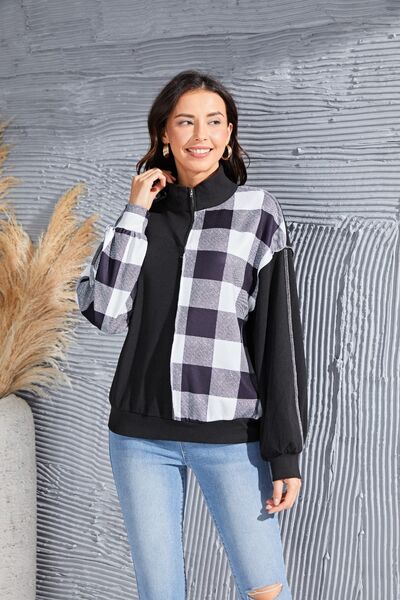 Plaid Exposed Seam Long Sleeve Blouse - Munsieur