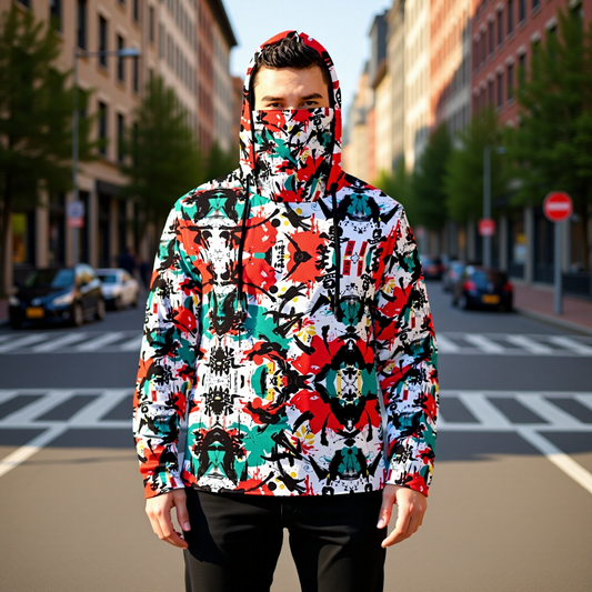 Munsieur all-over print graphic hoodie with vibrant red green and black abstract design on model
