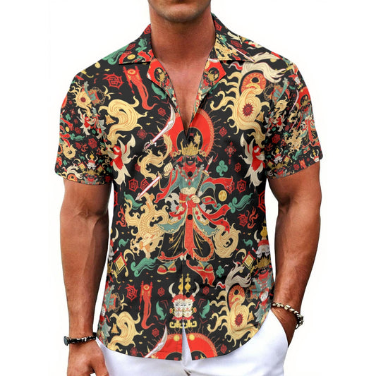 Munsieur all-over print streetwear tee with vibrant dragon and warrior design in multicolor