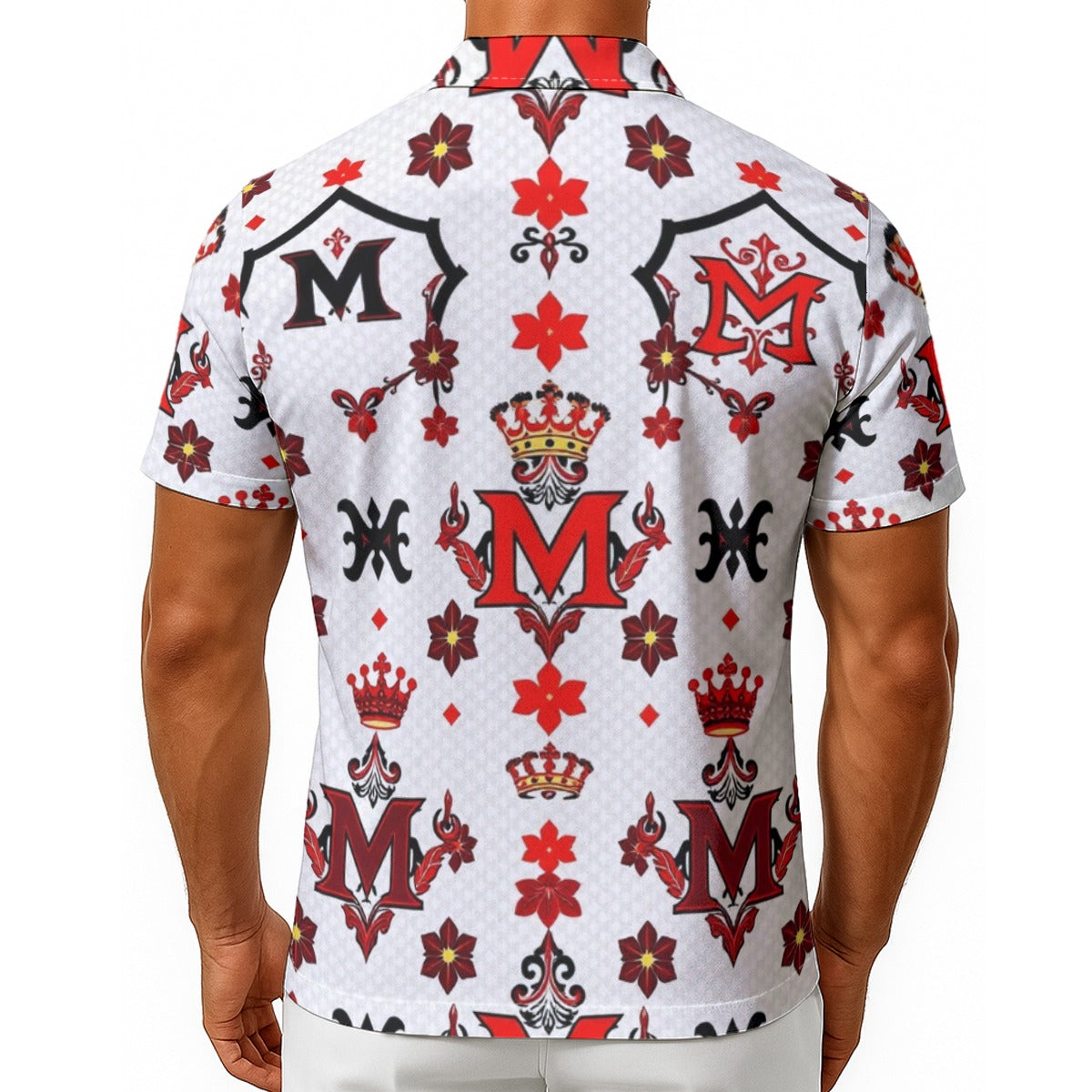 Munsieur all-over print summer tee for men with red and black floral and crown patterns on white background