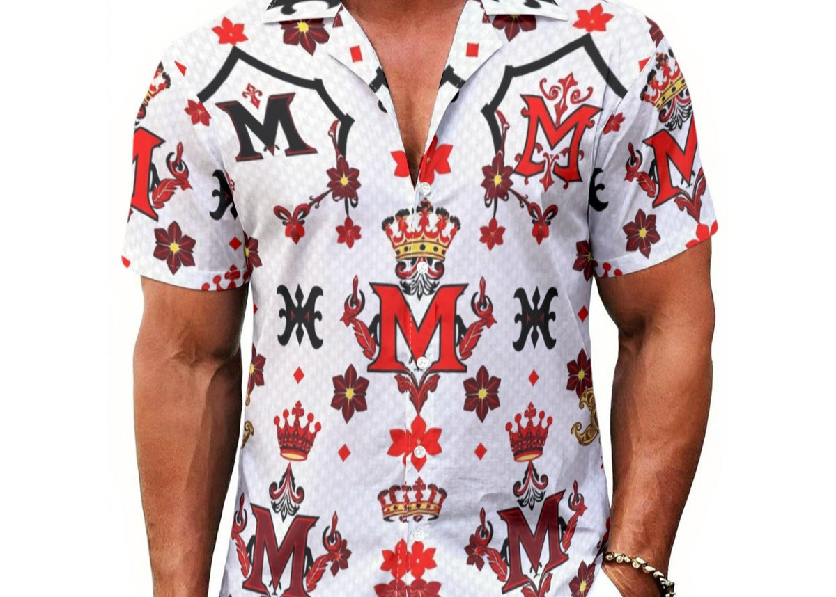 Munsieur all-over print summer tee for men with red and black crown and floral pattern on white background