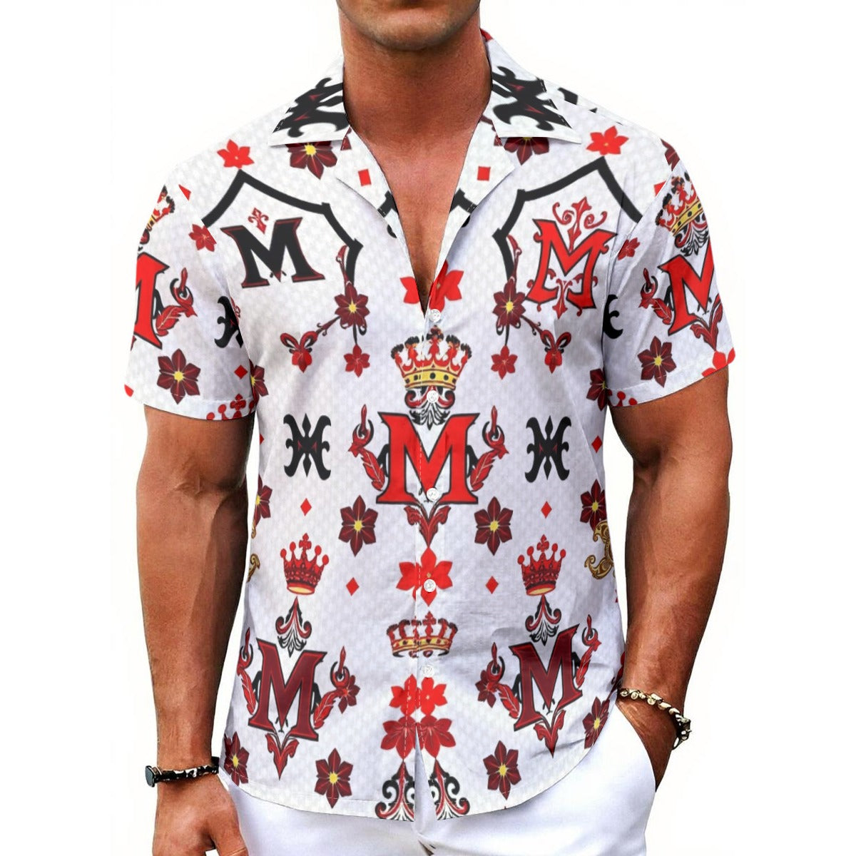 Munsieur all-over print summer tee for men with red and black floral and crown pattern on white