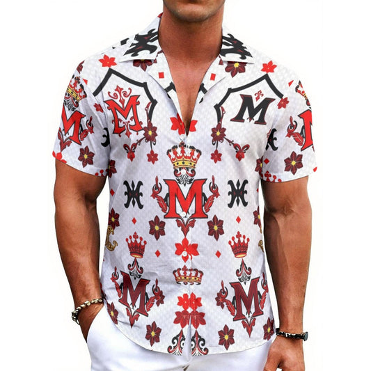 Munsieur all-over print summer tee for men with red and black crown and floral patterns on white