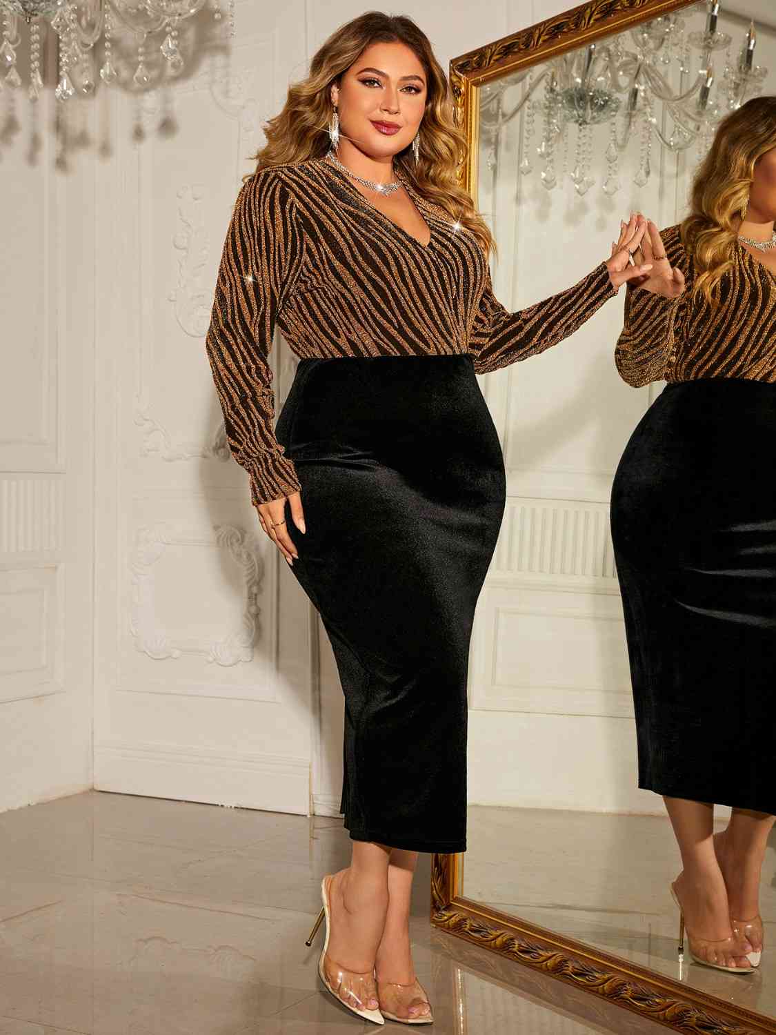 Honey Plus Size Surplice Long Sleeve Slit Dress - Munsieur