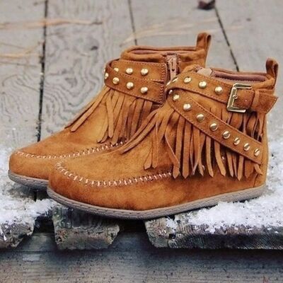 Fringe Studded Suede Flat Boots - Munsieur