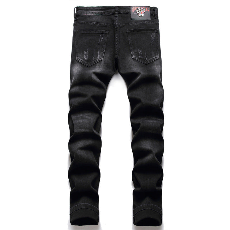 Men's Black Slim-fit Skull Ripped High Street Casual Pants
