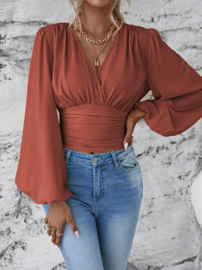 Smocked Surplice Balloon Sleeve Top - Munsieur