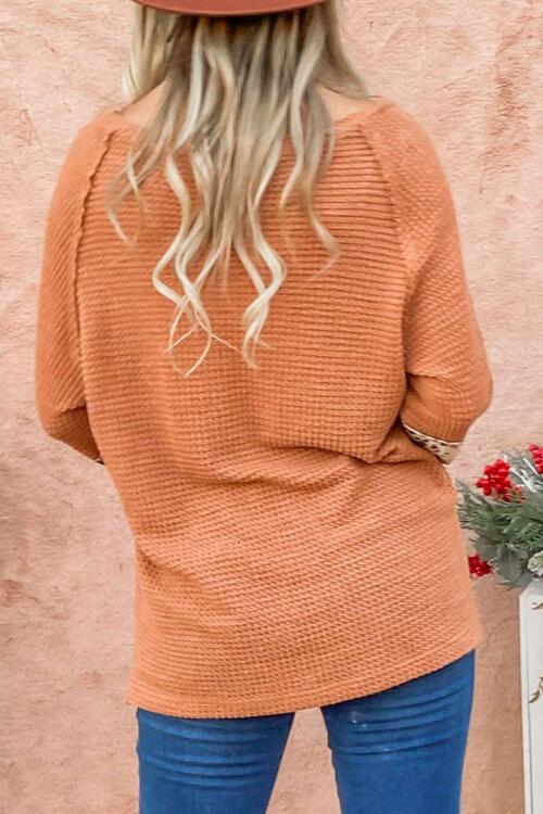 Waffle-Knit Leopard Long Sleeve Slit Blouse - Munsieur