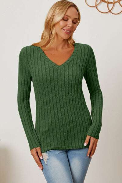 Full Size Ribbed V-Neck Long Sleeve T-Shirt - Munsieur