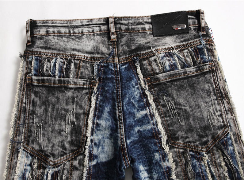 Embroidered Patched Hole Slim Stretch Men's Pants Designer Street Casual