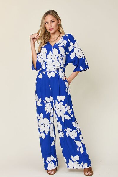 Double Take Full Size Printed Tie Back Wide Leg Jumpsuit - Munsieur