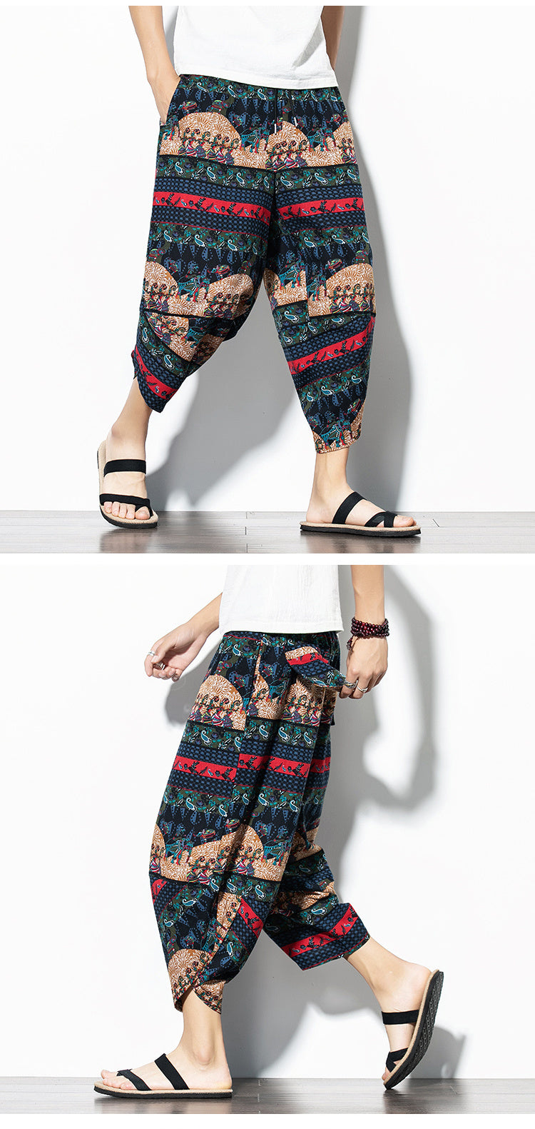 Men's Printed Asian Style Cotton And Linen Loose Joggers