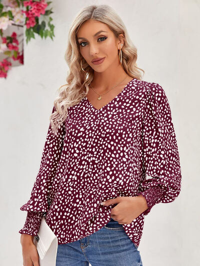Printed V-Neck Lantern Sleeve Blouse - Munsieur