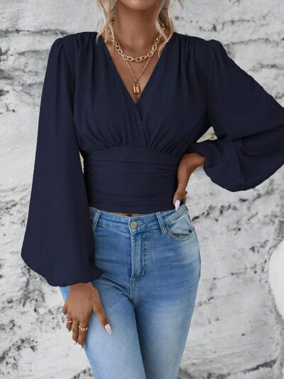 Smocked Surplice Balloon Sleeve Top - Munsieur