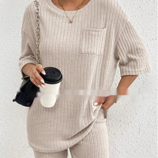 Women's Fashion Rib Knitted Home Clothes 2-piece Romper Set
